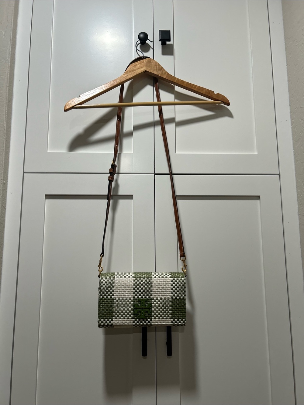 Tory Burch Green and White Woven Crossbody Bag